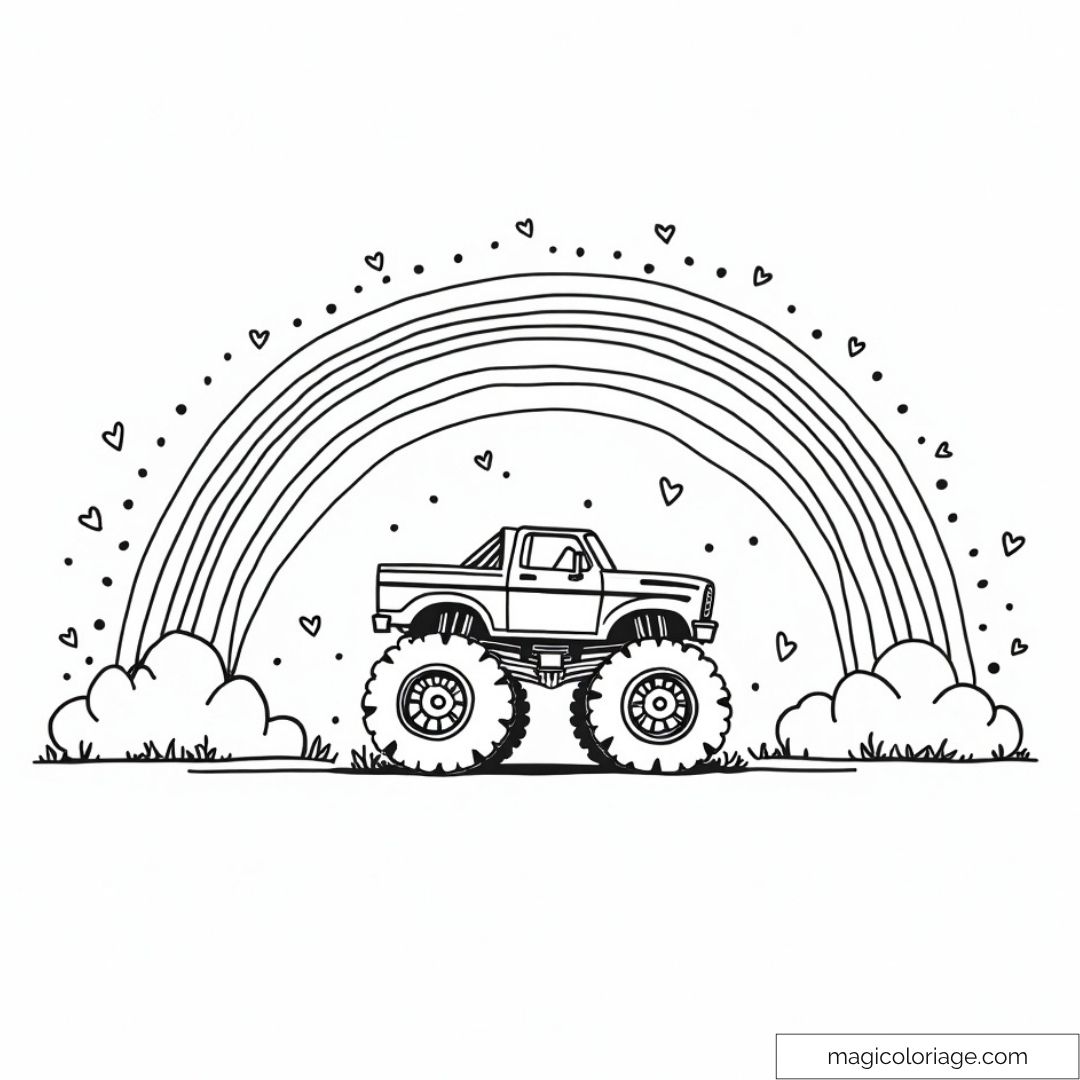 Camion monster truck avec un arc-en-ciel et des cœurs