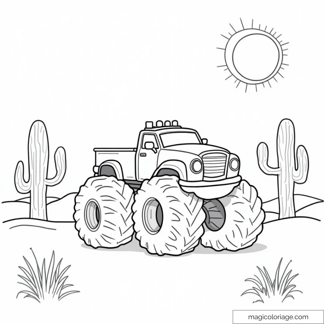 Coloriage camion monstre désert avec cactus et soleil
