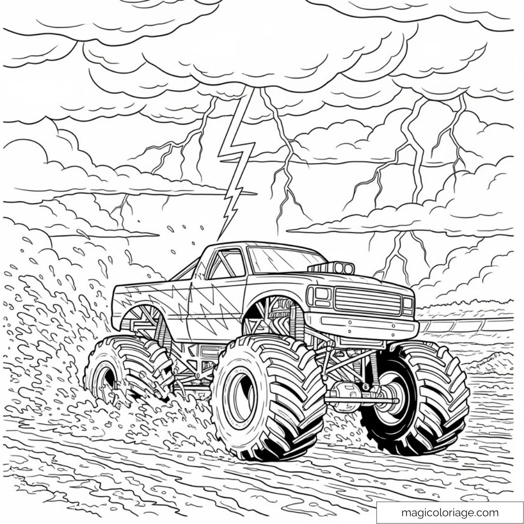 Dessin d'un camion monstre sous un ciel orageux avec éclairs