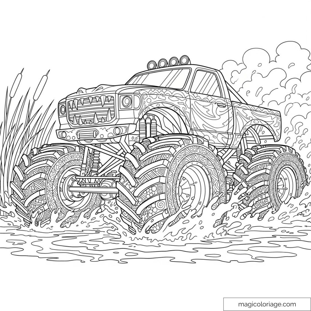 Dessin de camion monstre avec roues géantes dans l'eau