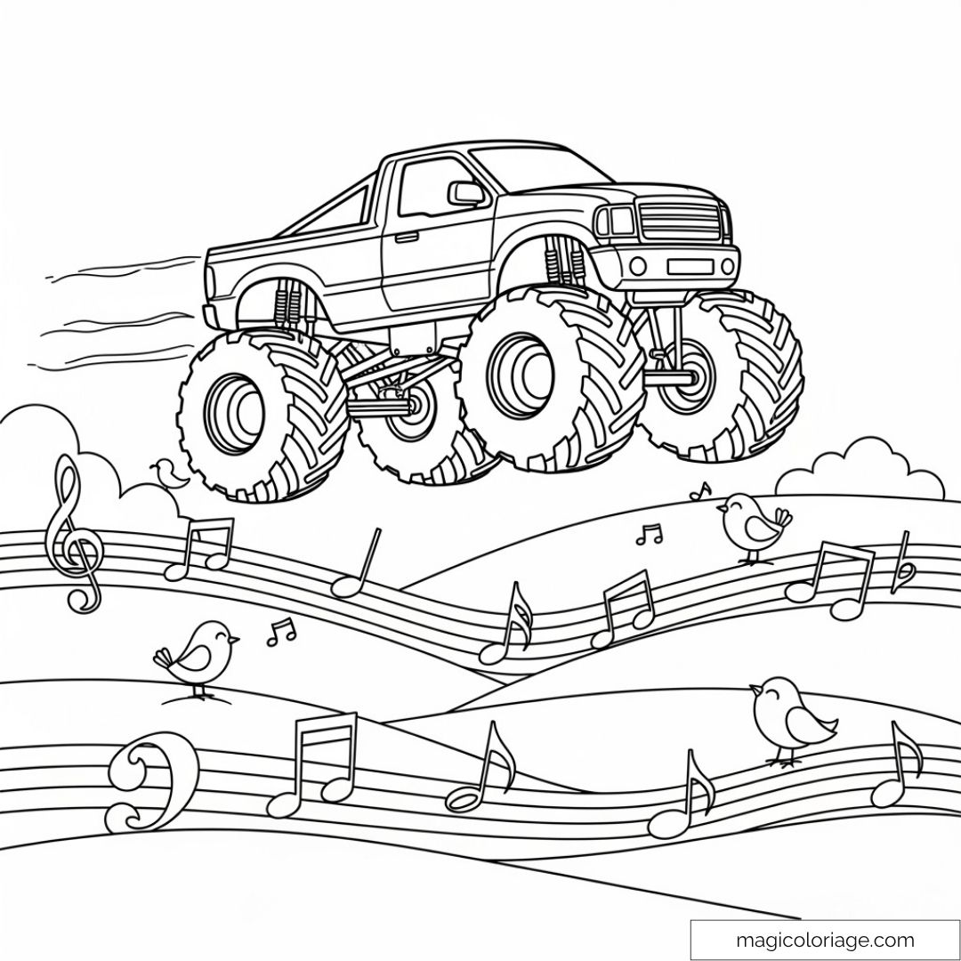 Camion monstre et oiseaux chantant sur une partition musicale