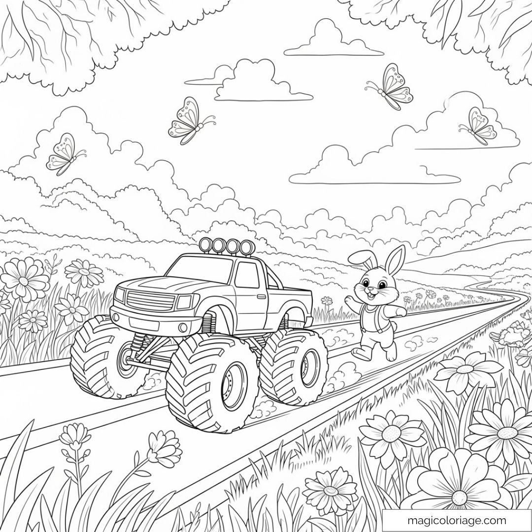 Camion monstre et lapin souriant dans un champ fleuri