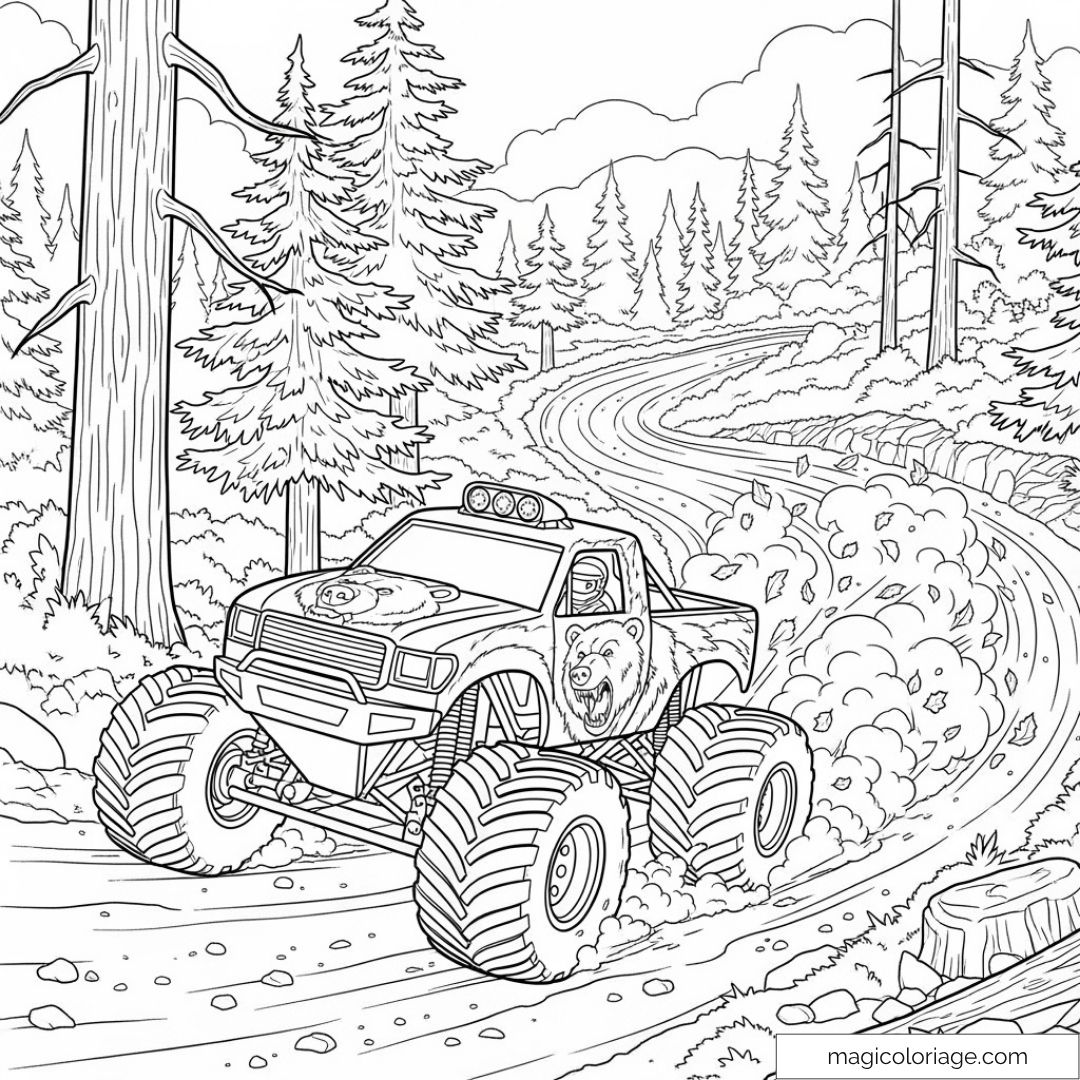 Monster Truck face à un chemin forestier