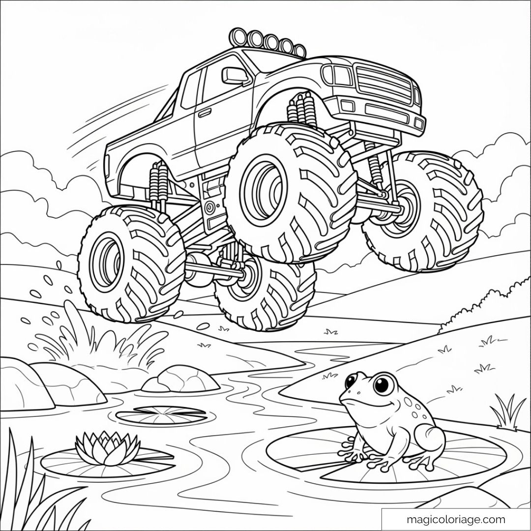 Monster Truck sautant au-dessus d'une mare avec une grenouille amusée.