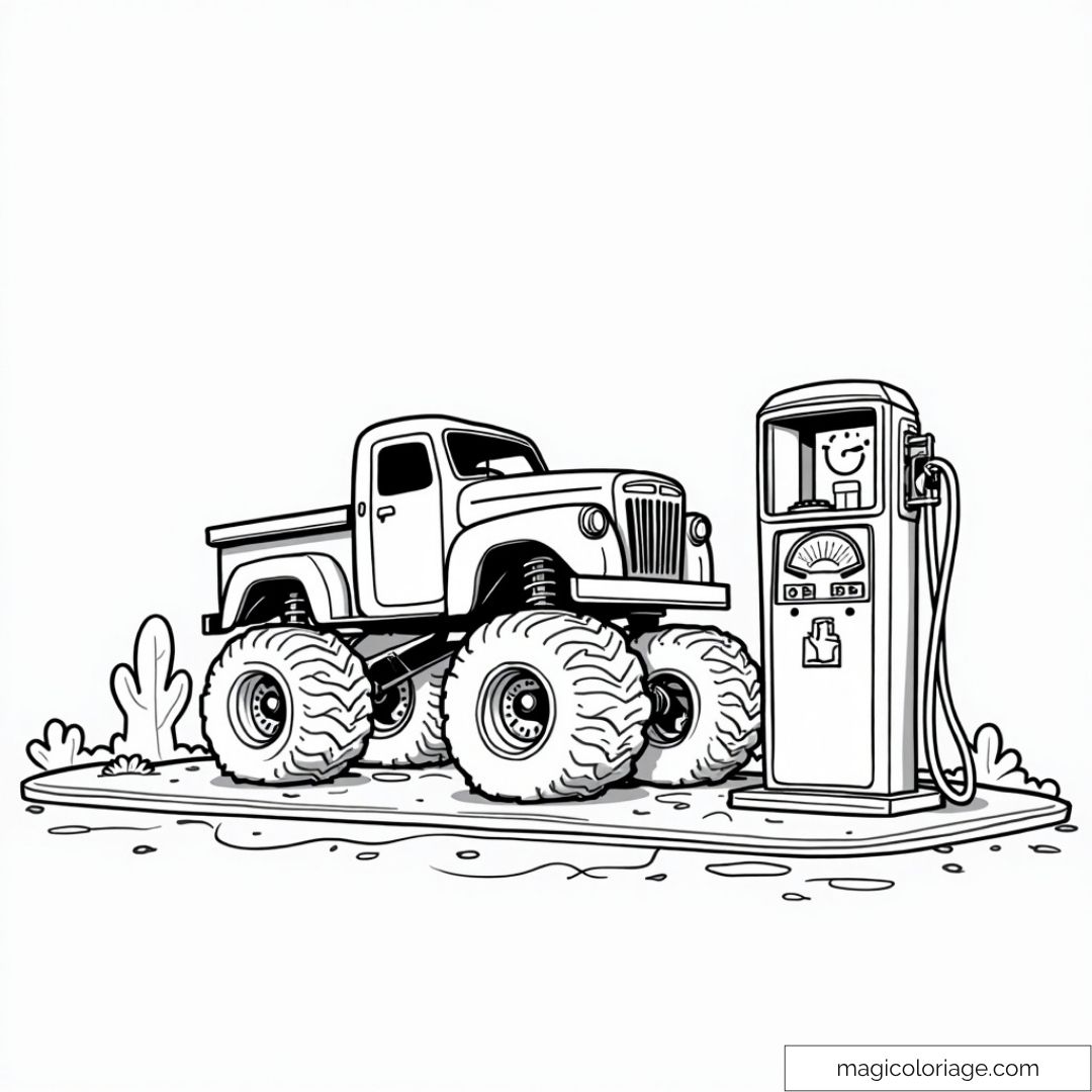 Monster truck à grande roues devant une station-service.
