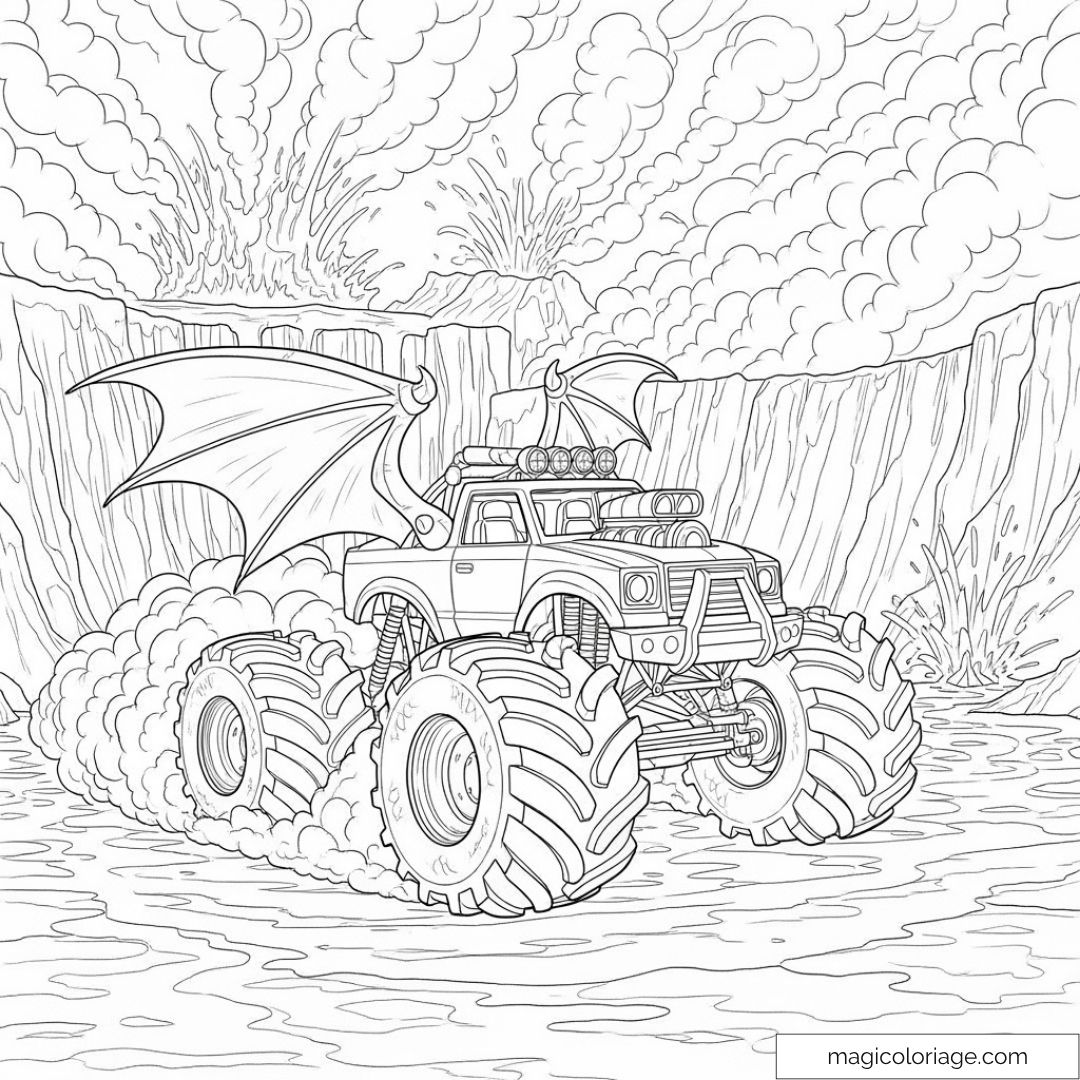 Dessin de monster truck avec ailes de dragon et volcan en éruption