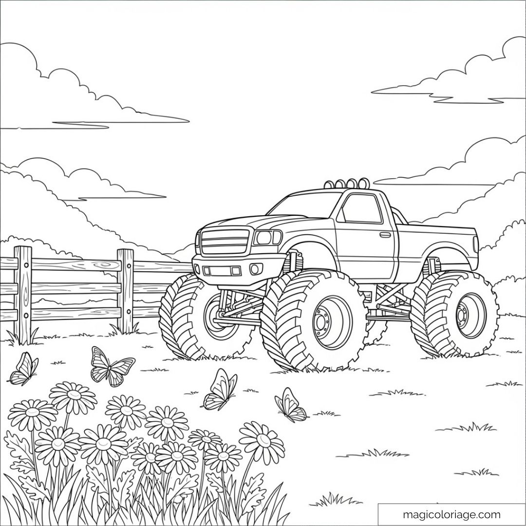 Dessin d'un monster truck avec des fleurs et des papillons à colorier.