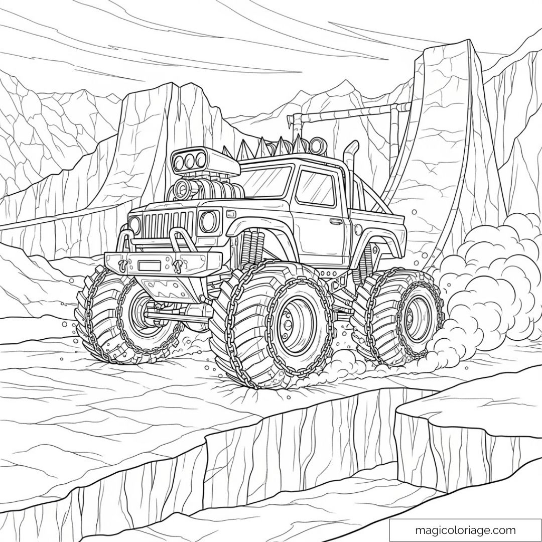 Monster Truck en pleine action sur terrain montagneux à colorier.