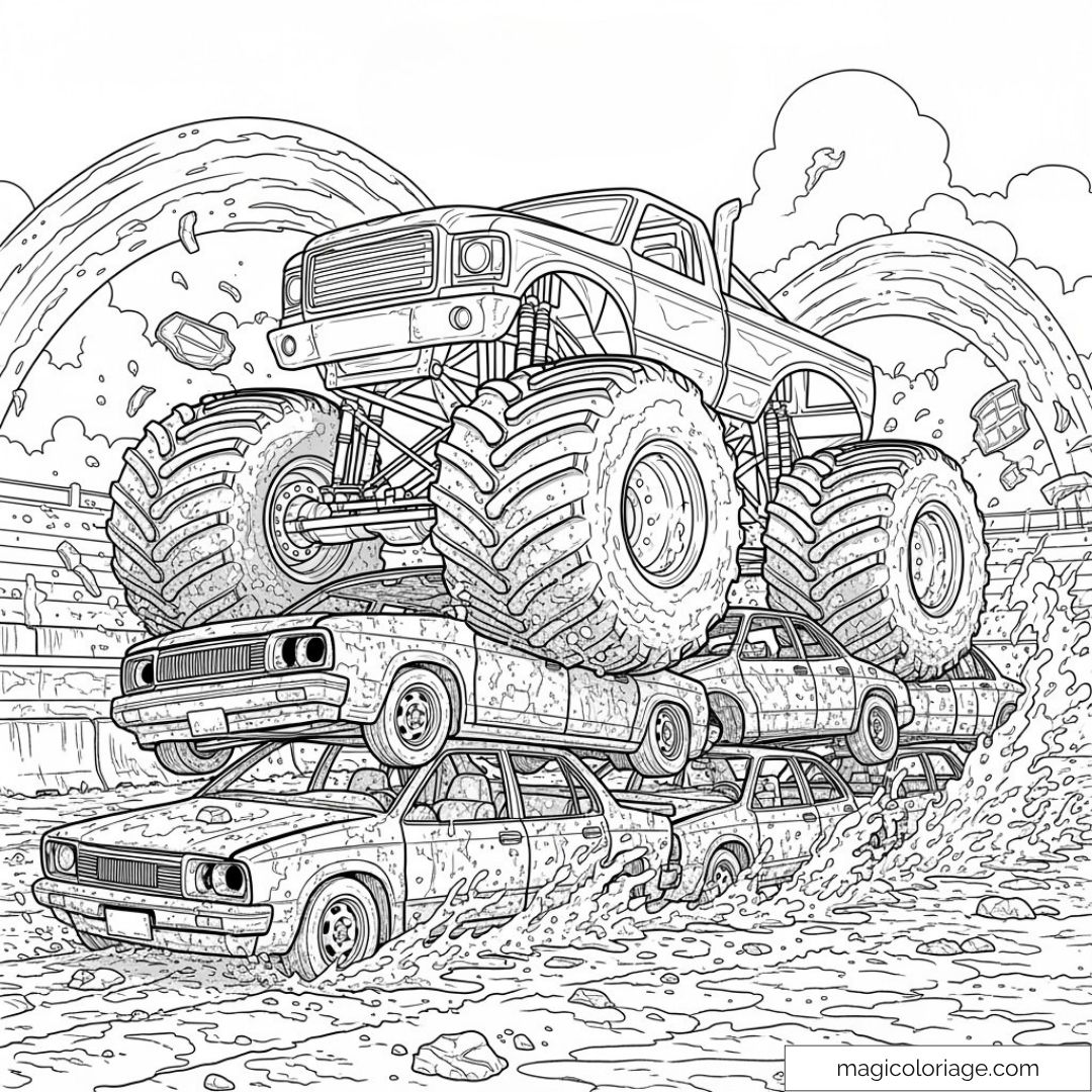 Monster Truck sautant sur voitures écrasées avec éclaboussures de boue.
