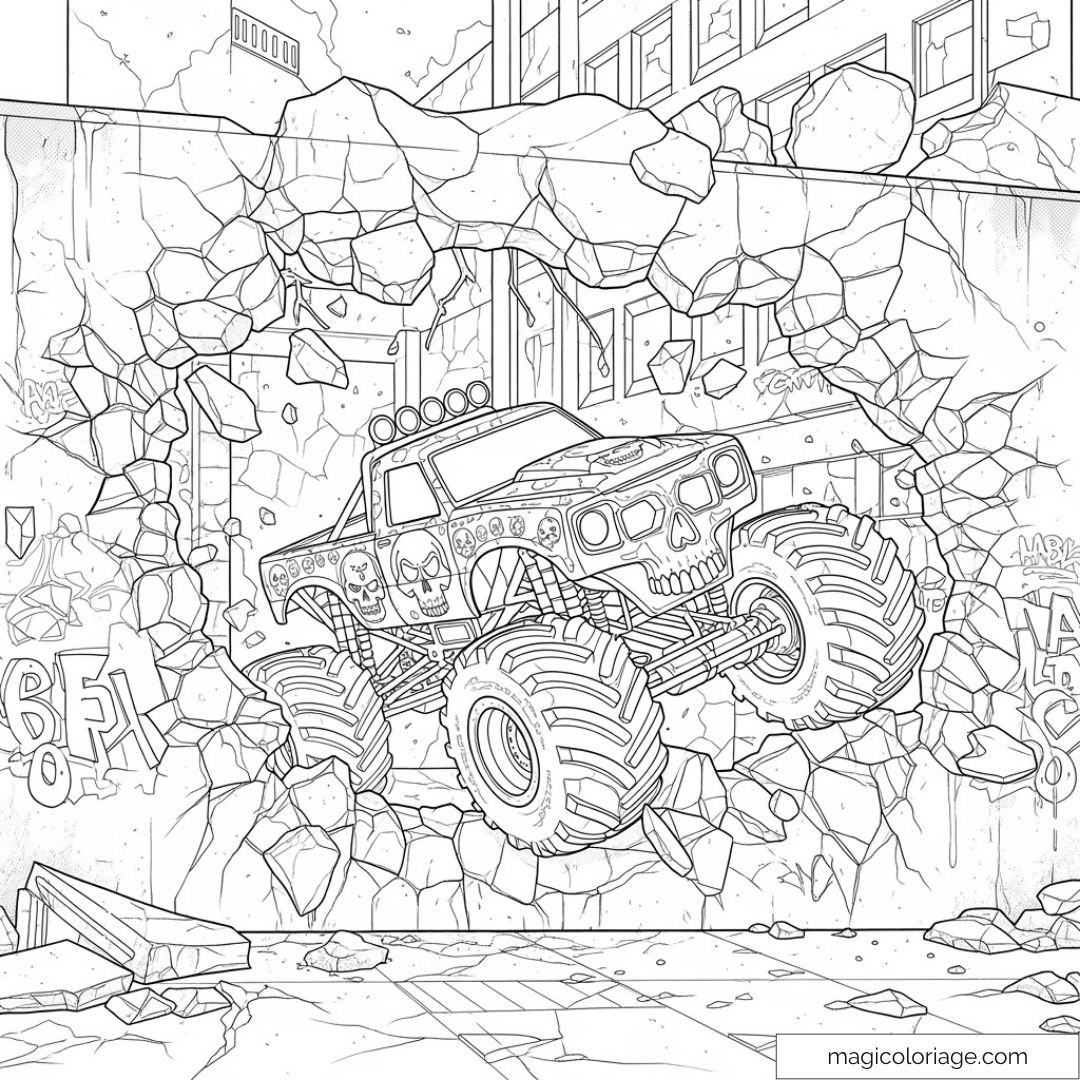 Dessin de monster truck fracassant un mur en ville