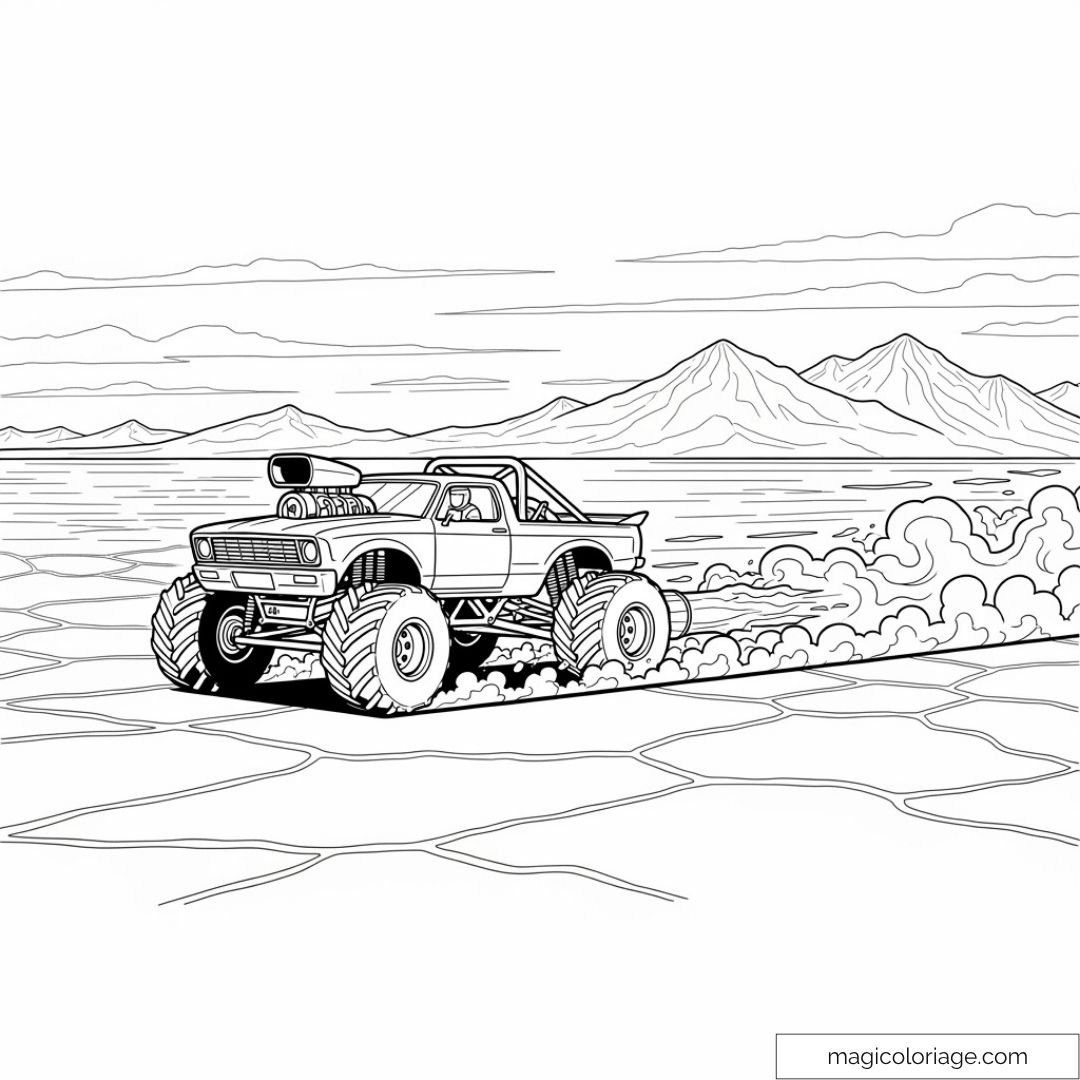 Dessin détaillé de Monster Truck en action sur terrain accidenté