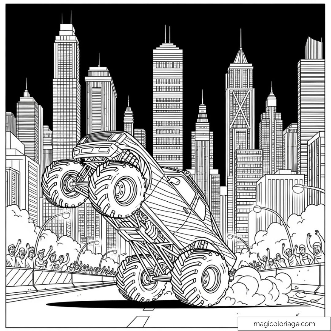 Dessin d’un monster truck dans une ville avec gratte-ciels