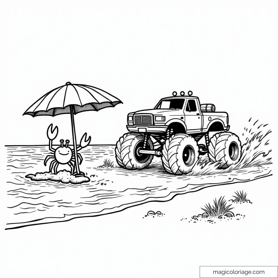 Coloriage de Monster Truck avec crabe sous un parasol en bord de mer.