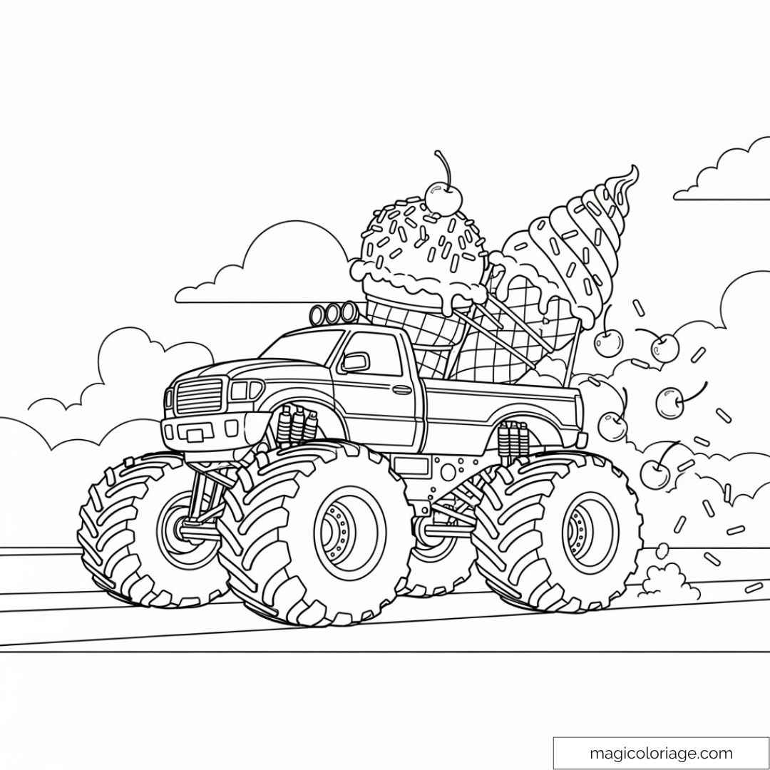 Dessin d'un monster truck transportant des glaces et cerises sur route.