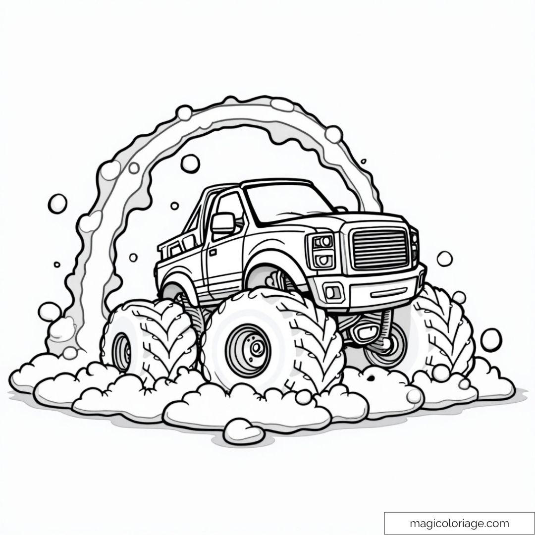 Dessin de monster truck avec boue et éclaboussures