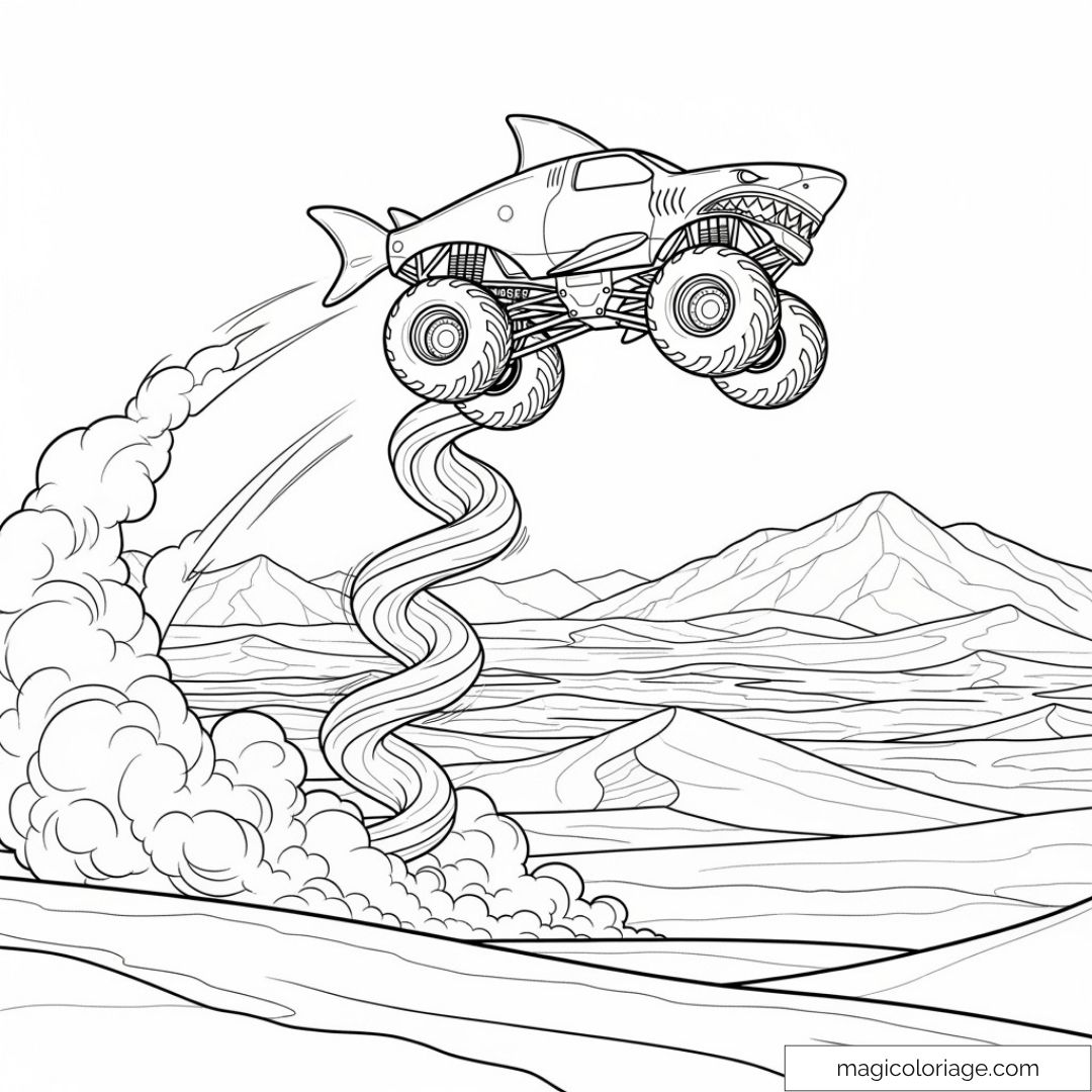 Monster truck requin sautant dans le désert pour coloriage.