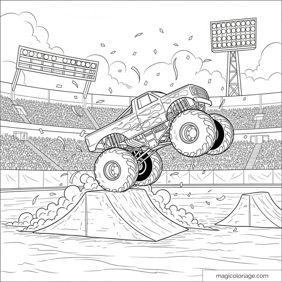 Image de Monster Truck sautant sur une rampe dans un stade bondé