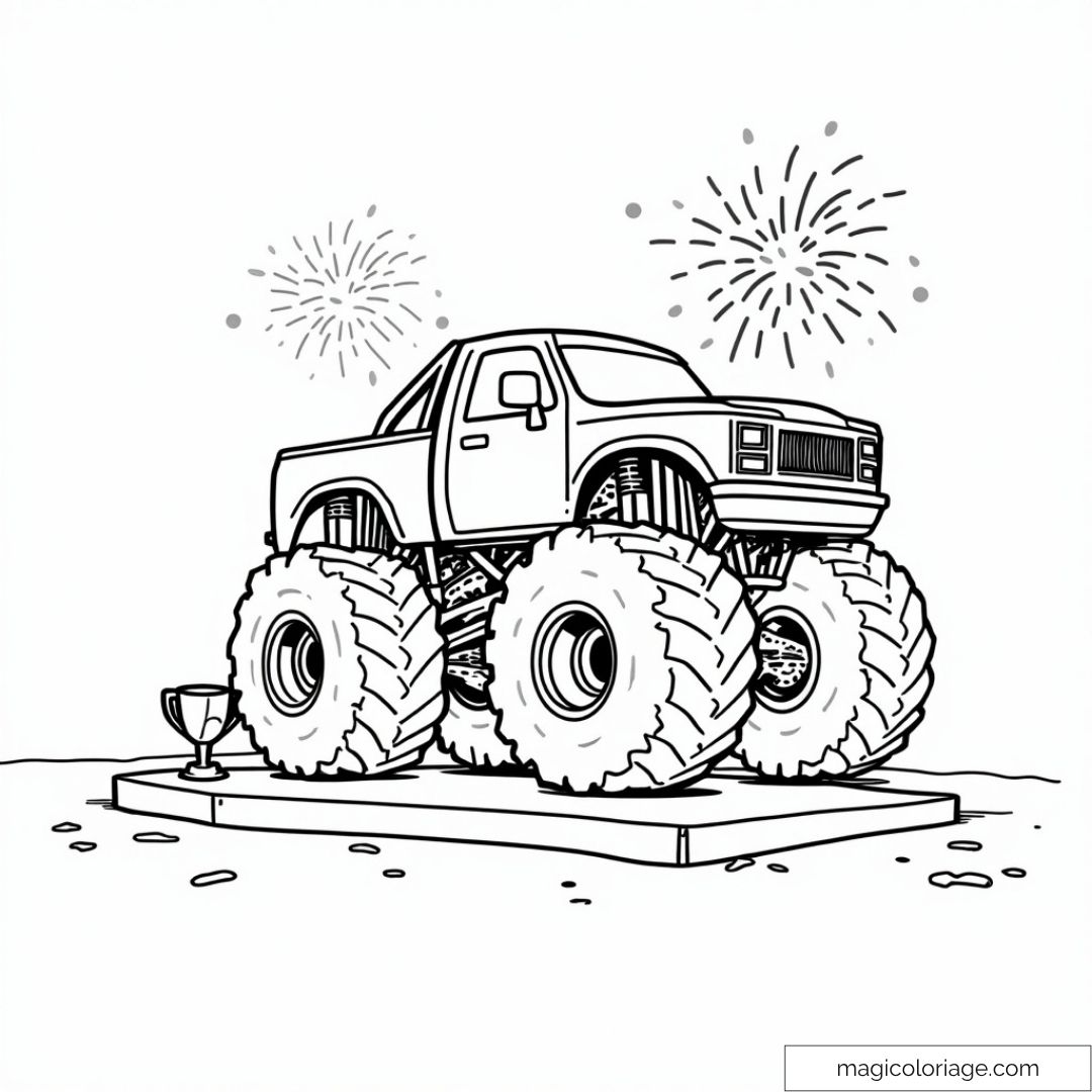 Image d'un monster truck sur un podium avec feux d'artifice et trophée.