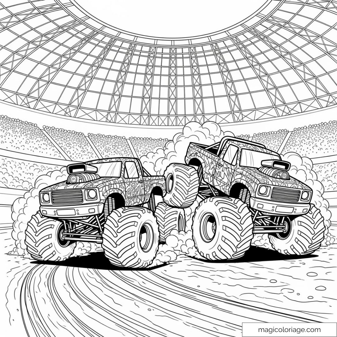 Monster trucks déchaînés dans une arène avec foule et poussière.