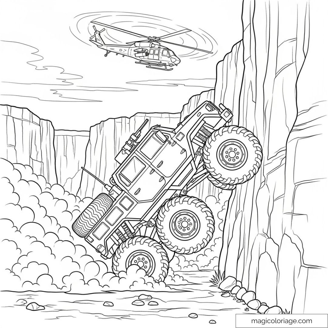 Dessin de thème aventure avec camion tout-terrain et hélicoptère.