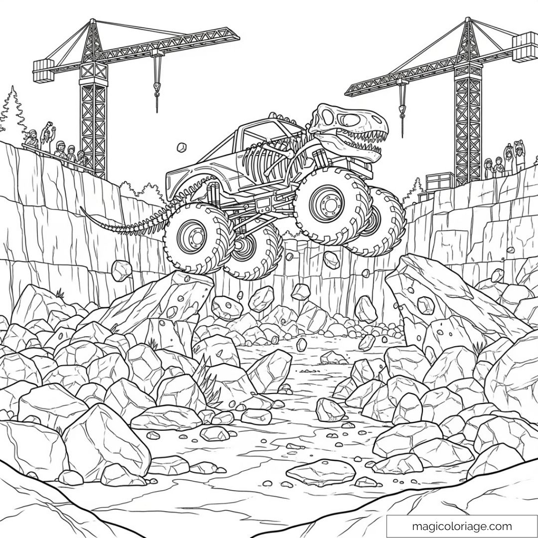 Camion monstre dinosaure sautant dans une carrière avec grues