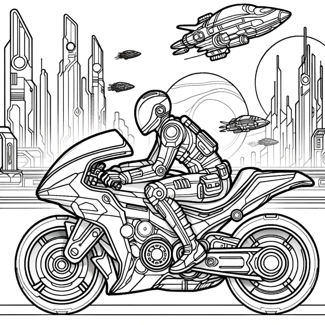 Coloriage d'une Moto futuriste dans un monde de science-fiction