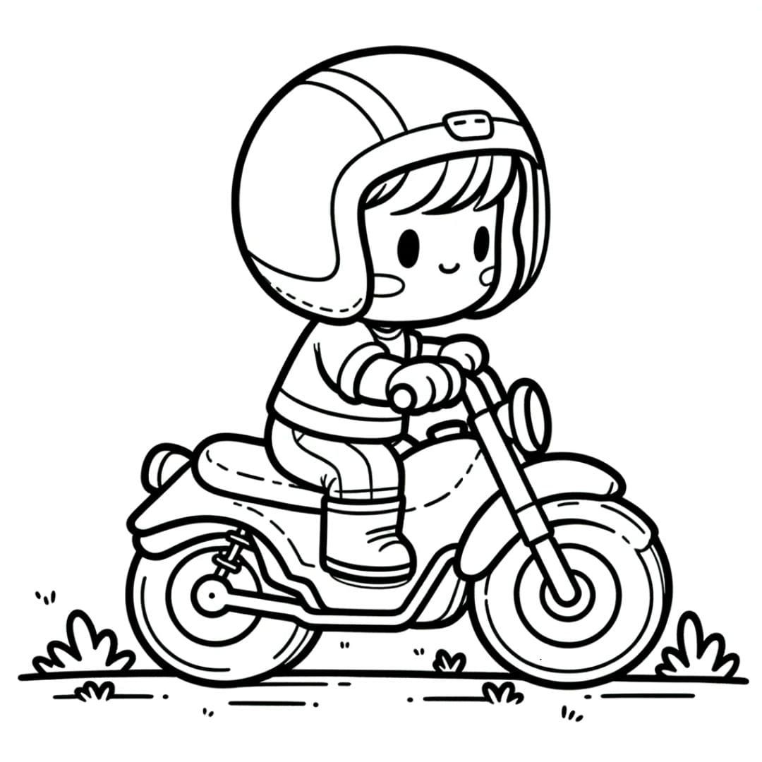 Dessin à colorier d'un Enfant apprenant à conduire une petite moto