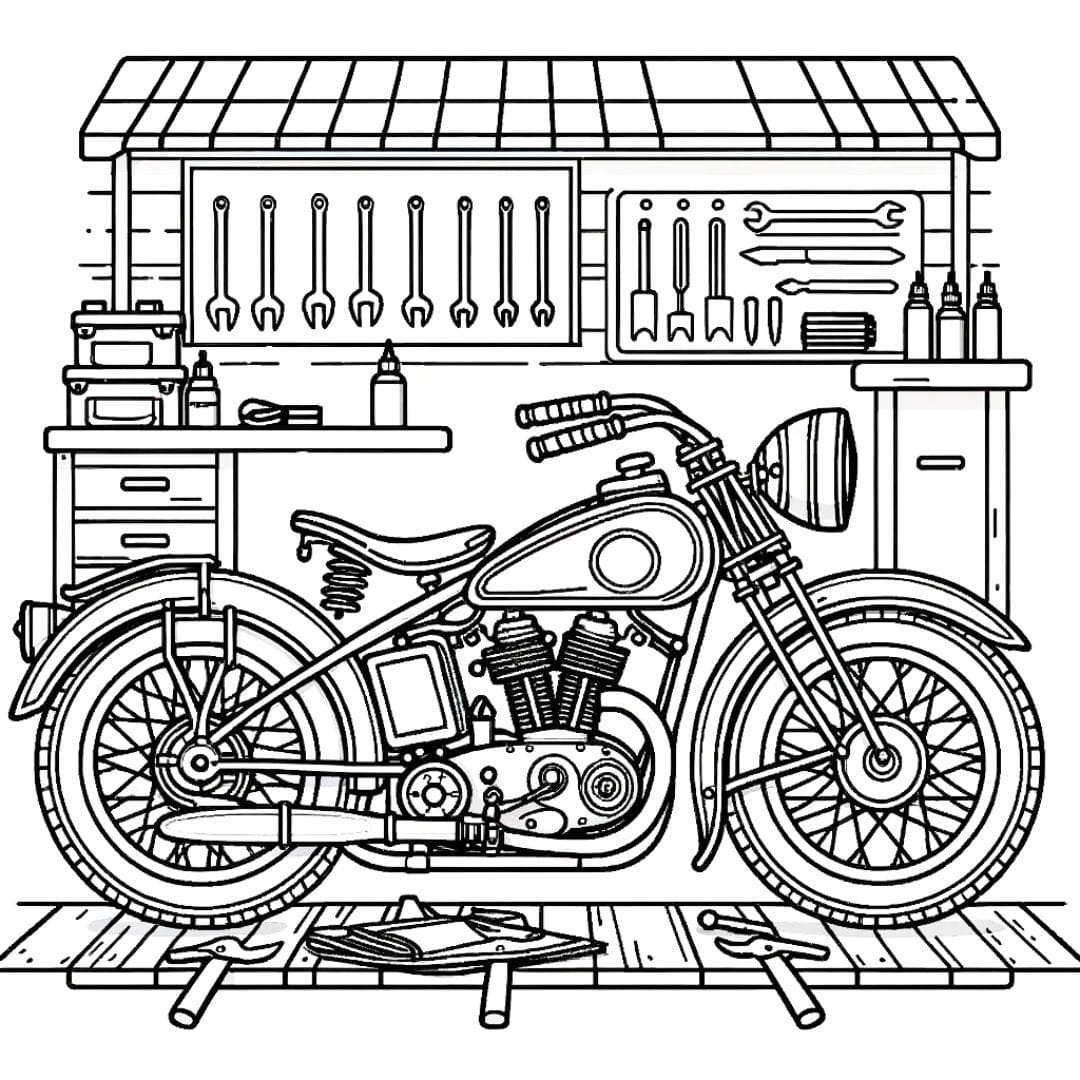 Dessin à colorier d'une Moto ancienne dans un garage