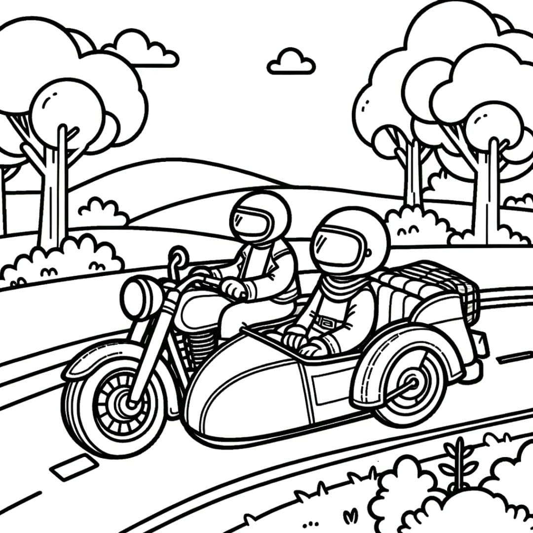 Dessin à colorier d'une Moto avec side-car en voyage