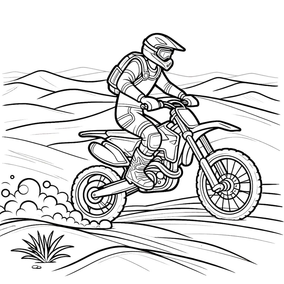 Dessin à colorier d'une Moto-cross dans un paysage de dunes