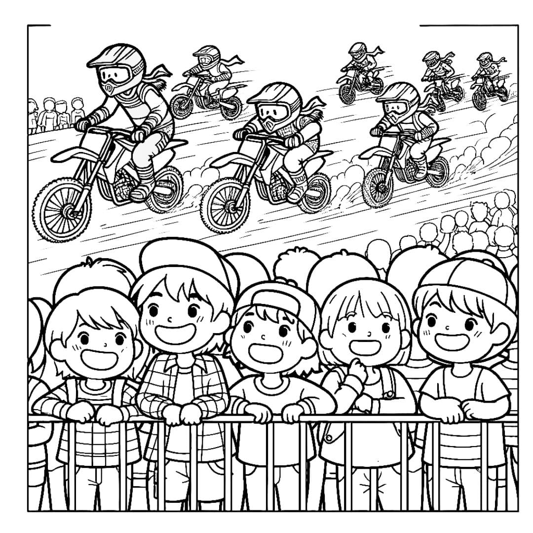 Coloriage d'une Moto de course avec équipe de mécaniciens