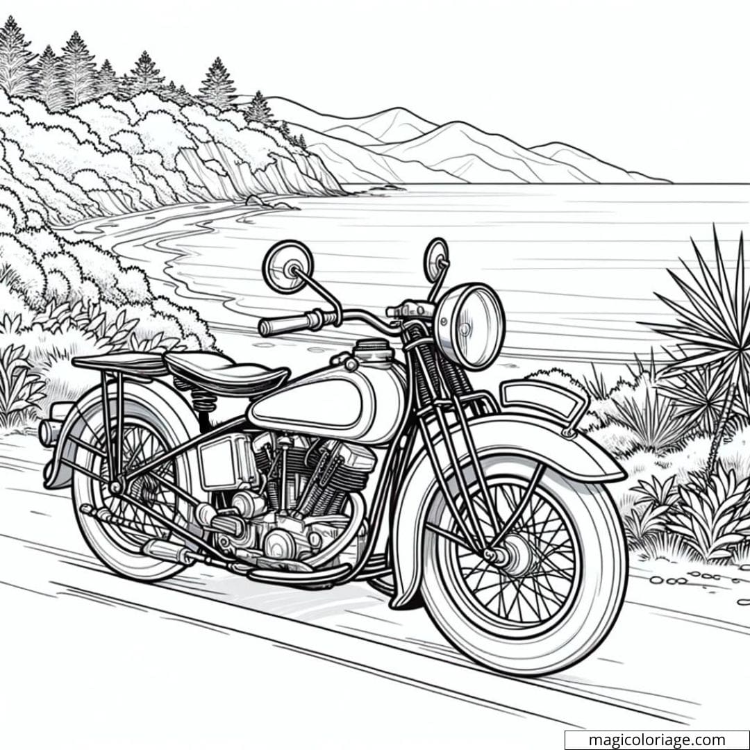 Moto vintage sur une route côtière pour coloriage