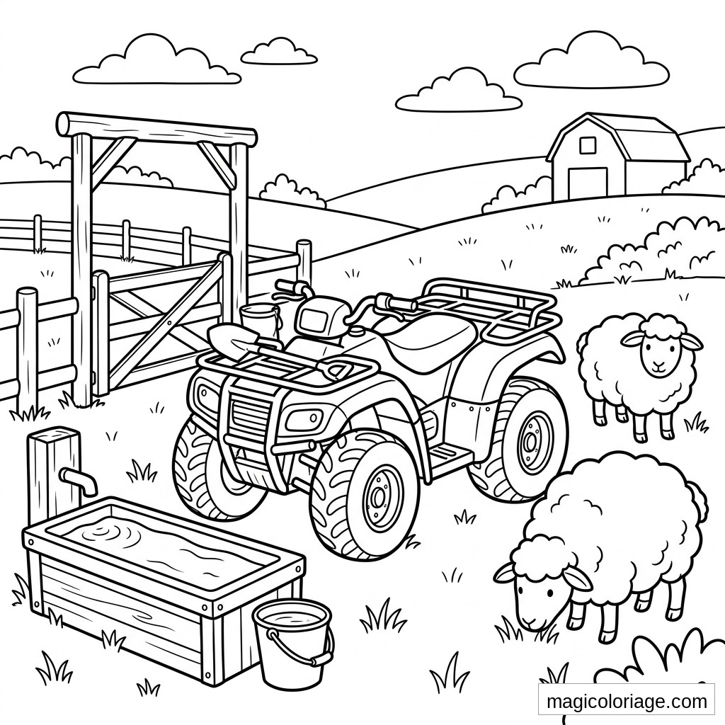 Coloriage quad à la ferme avec moutons, abreuvoir, portail, barrière et grange en arrière-plan