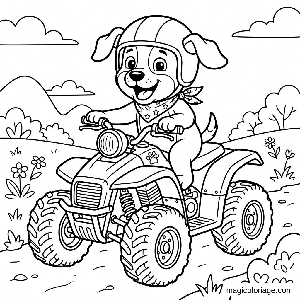 Coloriage quad avec chiot pilote casqué sur chemin de campagne, fleurs, collines et gros pneus crantés