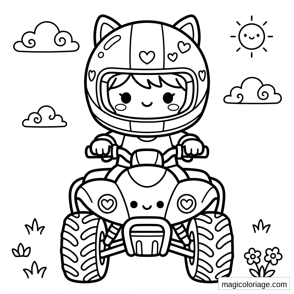 Coloriage quad avec petite pilote au casque chat, cœurs, soleil, nuages et gros pneus crantés