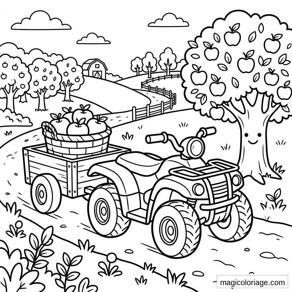 Coloriage quad avec remorque de pommes dans un verger, pommier souriant, clôture et grange au fond