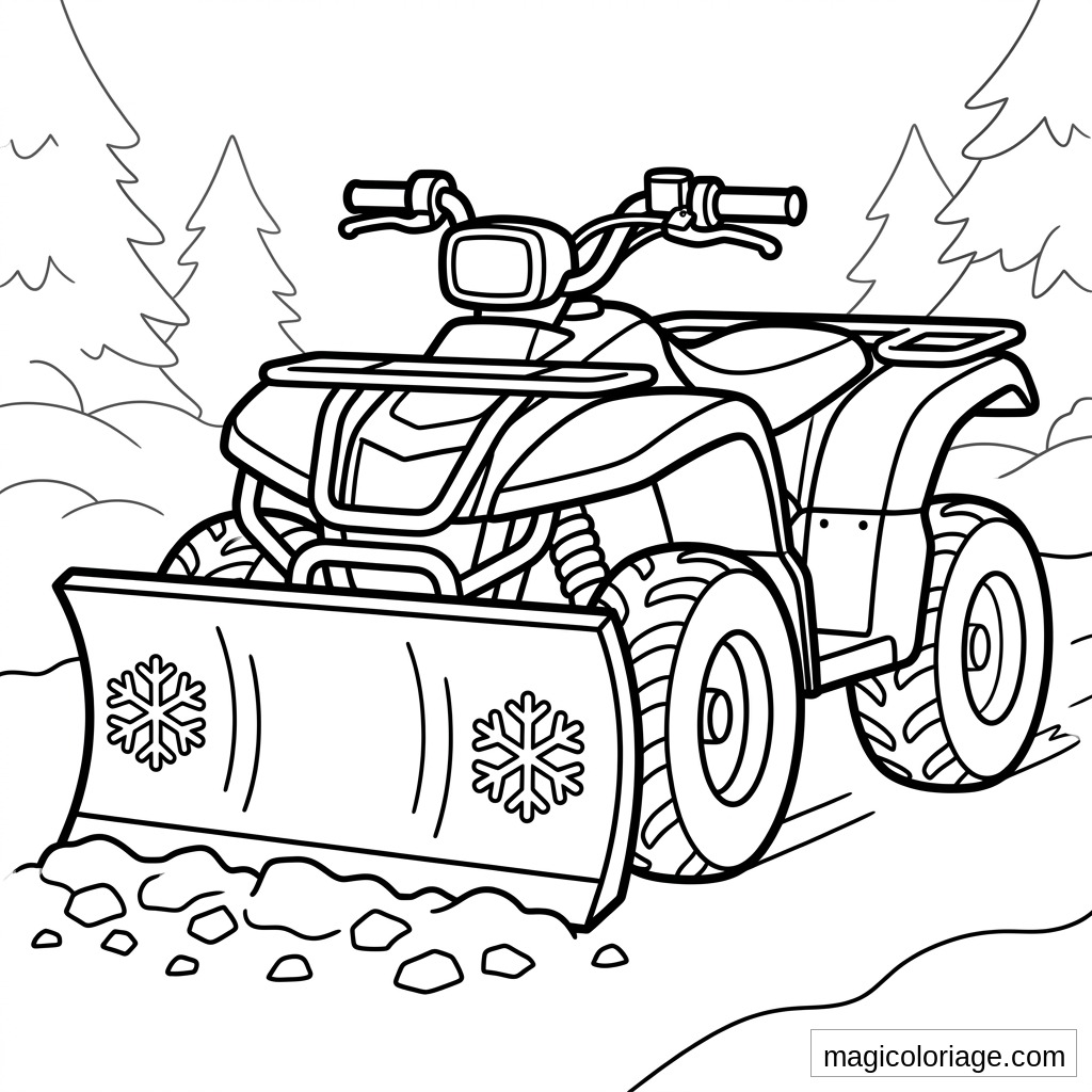 Coloriage quad avec lame chasse-neige, pneus crantés et sapins enneigés en forêt