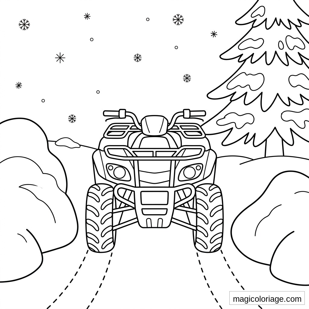 Coloriage quad dans la neige avec sapin, flocons et gros pneus crantés sur une piste hivernale