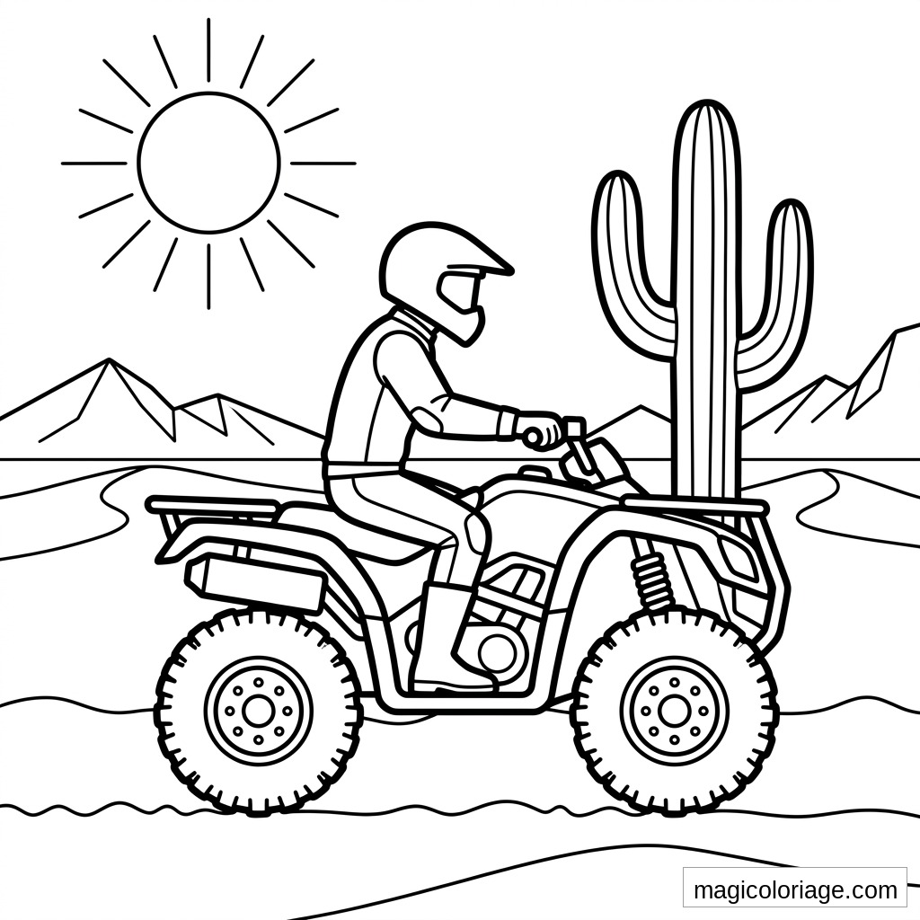 Coloriage quad dans le désert avec pilote casqué, cactus géant, montagnes et soleil