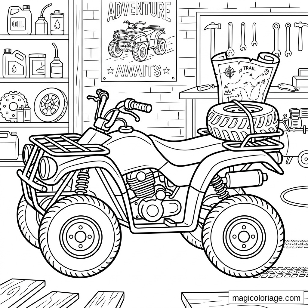 Coloriage quad dans un garage avec outils, roue de secours, carte de trail et affiche Adventure Awaits