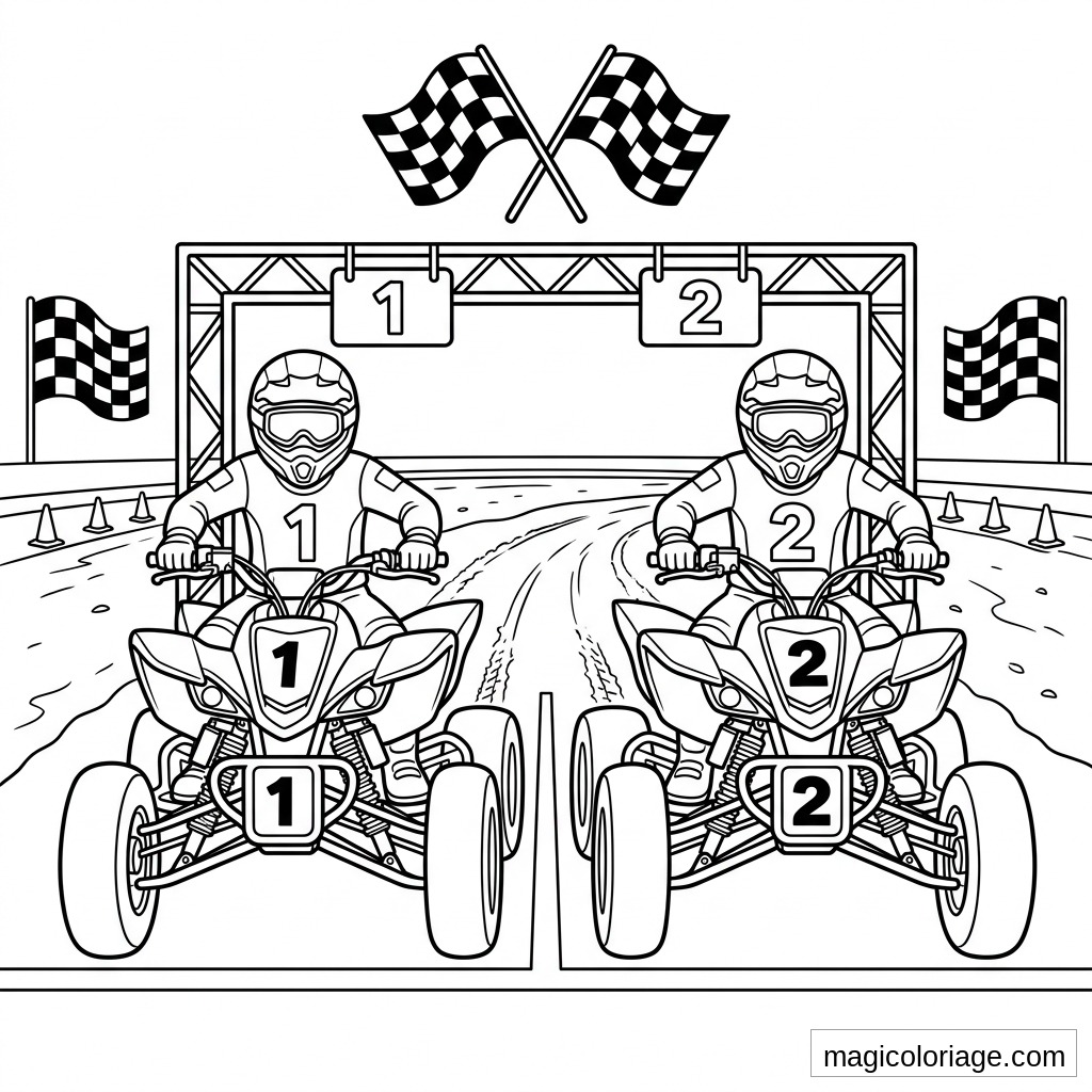 Coloriage quad de course avec deux pilotes casqués au départ, drapeaux à damier et arche numérotée