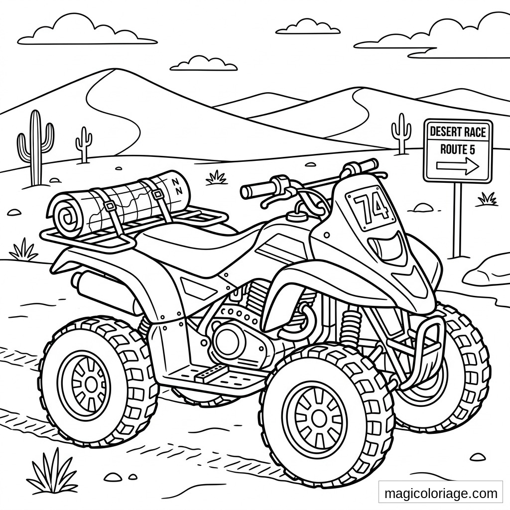 Coloriage quad de course numéro 74 dans le désert avec cactus, dunes et panneau Desert Race Route 5