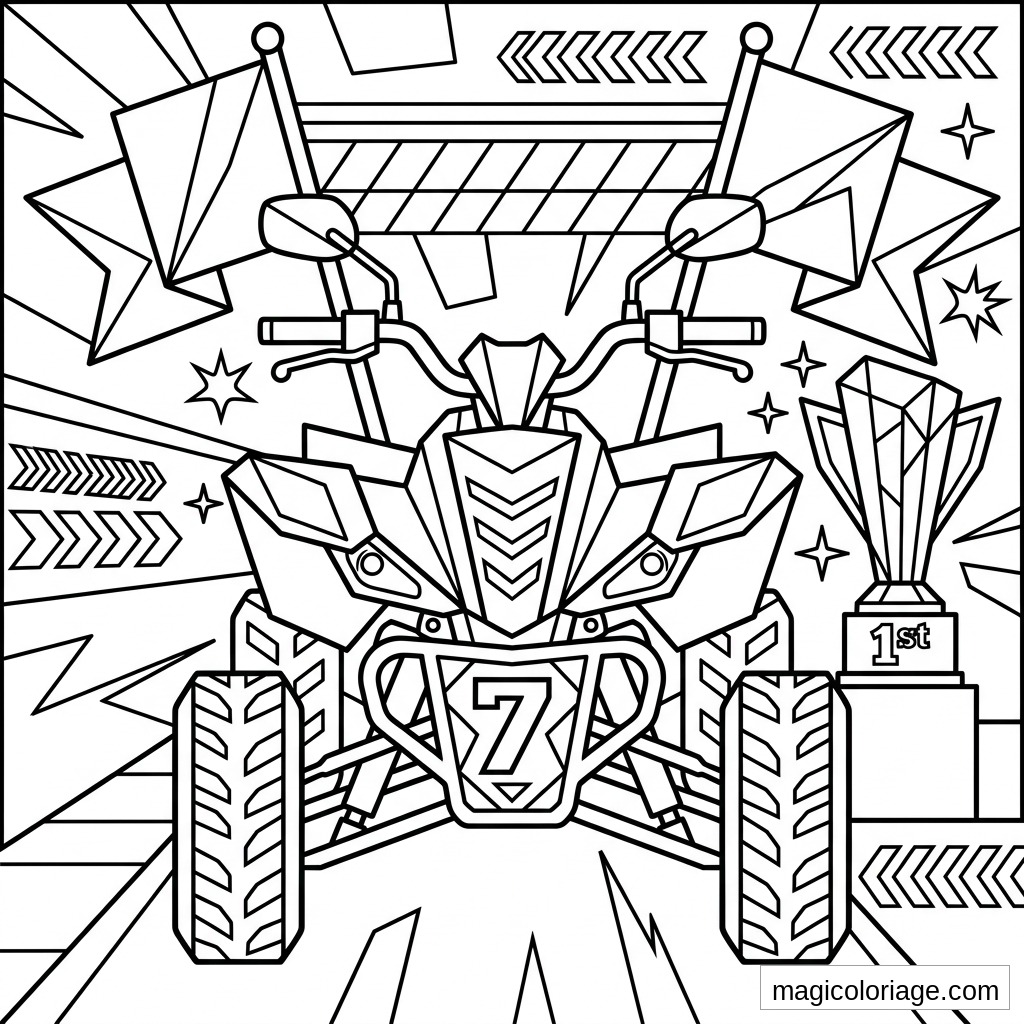 Coloriage quad numéro 7 de course avec trophée 1st, drapeaux, flèches et gros pneus crantés