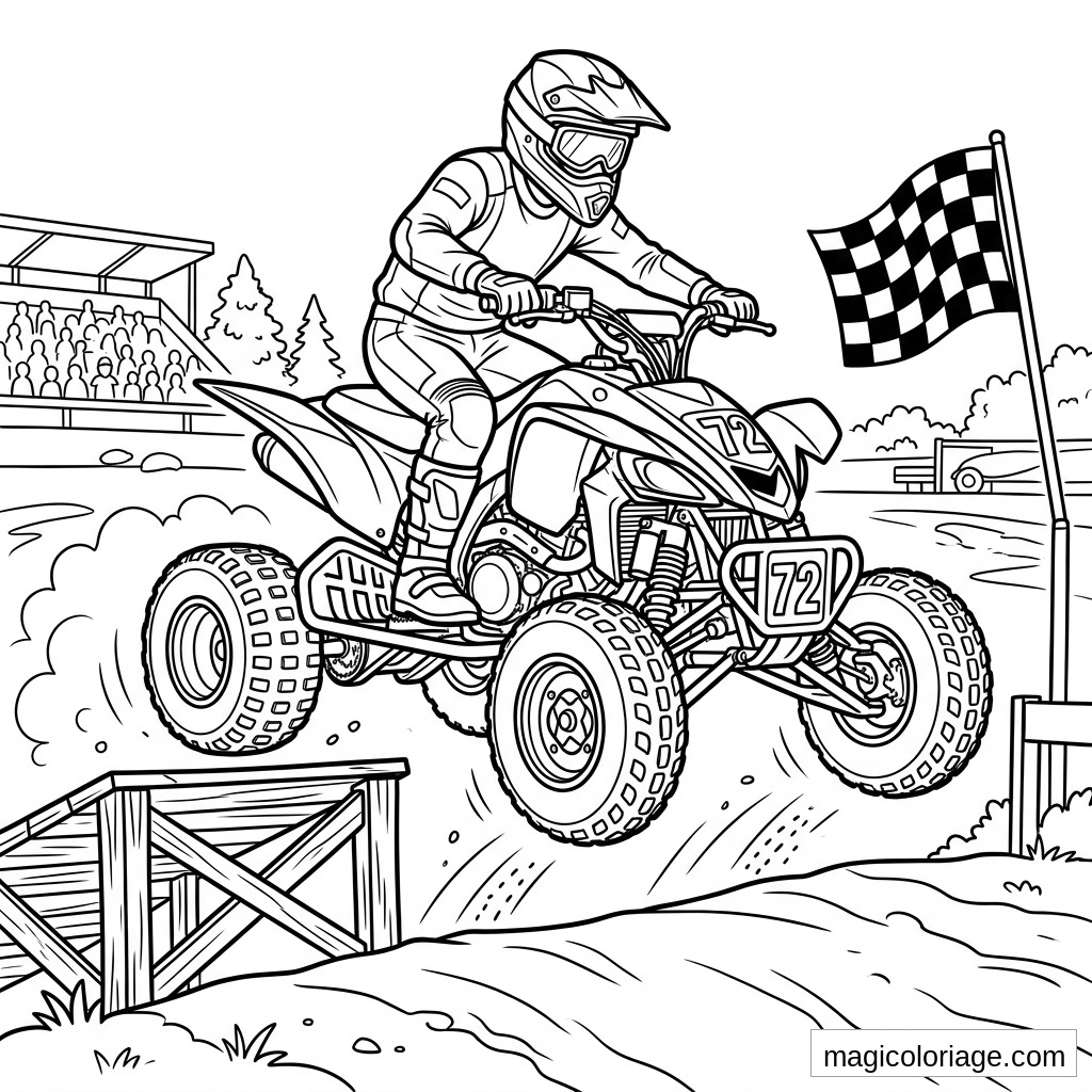Coloriage quad de course numéro 72 avec pilote casqué sautant une rampe et drapeau à damier