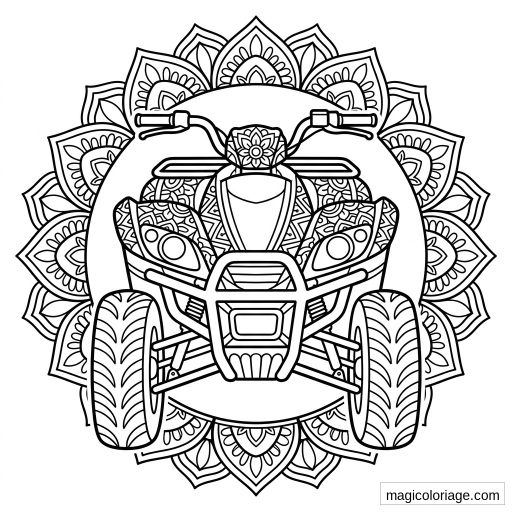 Coloriage quad de face avec gros pneus crantés et mandala floral en arrière-plan