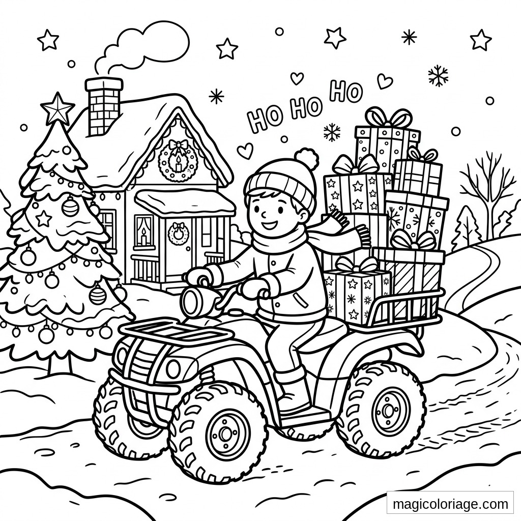 Coloriage quad de Noël avec garçon, cadeaux, sapin décoré et maison enneigée
