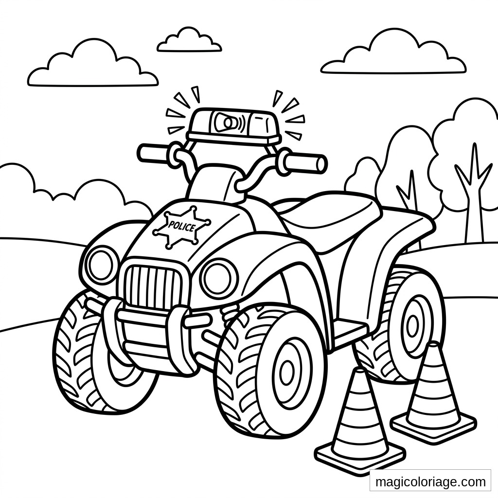 Coloriage quad de police avec gyrophare, cônes de signalisation, gros pneus et décor d’arbres