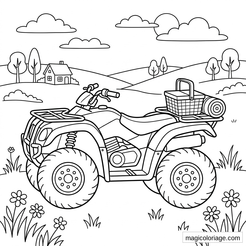 Coloriage quad de randonnée avec panier arrière, sac roulé, collines, maison, arbres et fleurs
