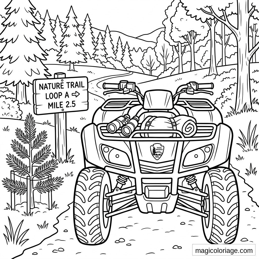 Coloriage quad de randonnée sur sentier forestier avec panneau Nature Trail, sapins et pneus crantés