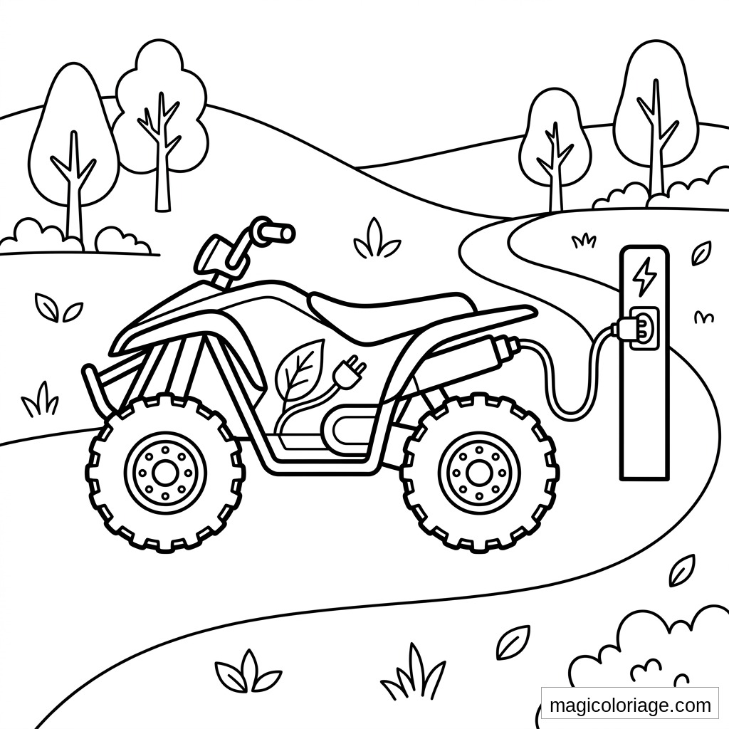 Coloriage quad électrique branché à une borne de recharge sur un chemin de campagne